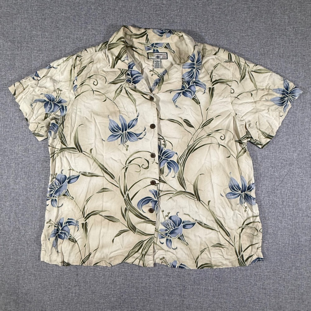 Caribbean Joe Floral Button Down Shirt Womens 2X Cream Blue Tropical Vacation